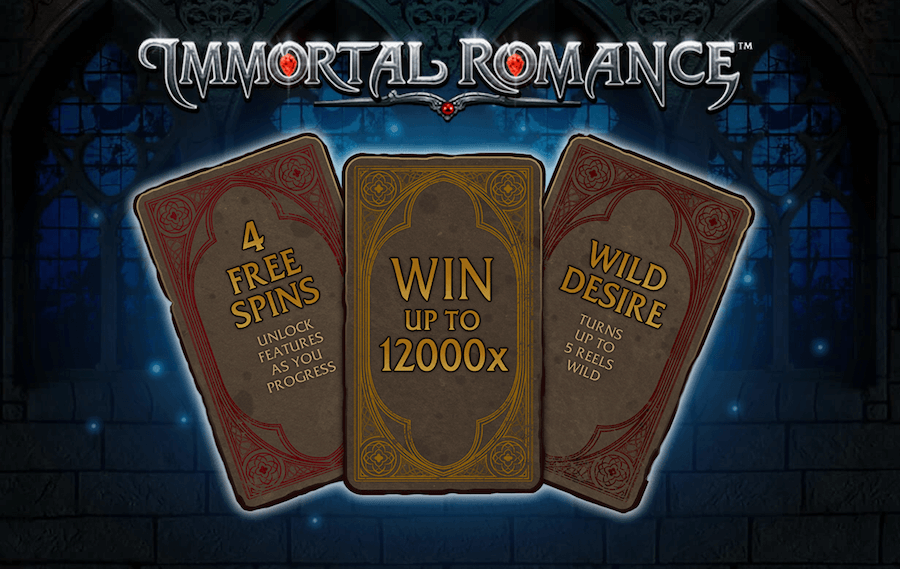 Immortal Romance slot Grafika utrzymana w mrocznym tonie przedstawia ekran początkowy slotu Immortal Romance.