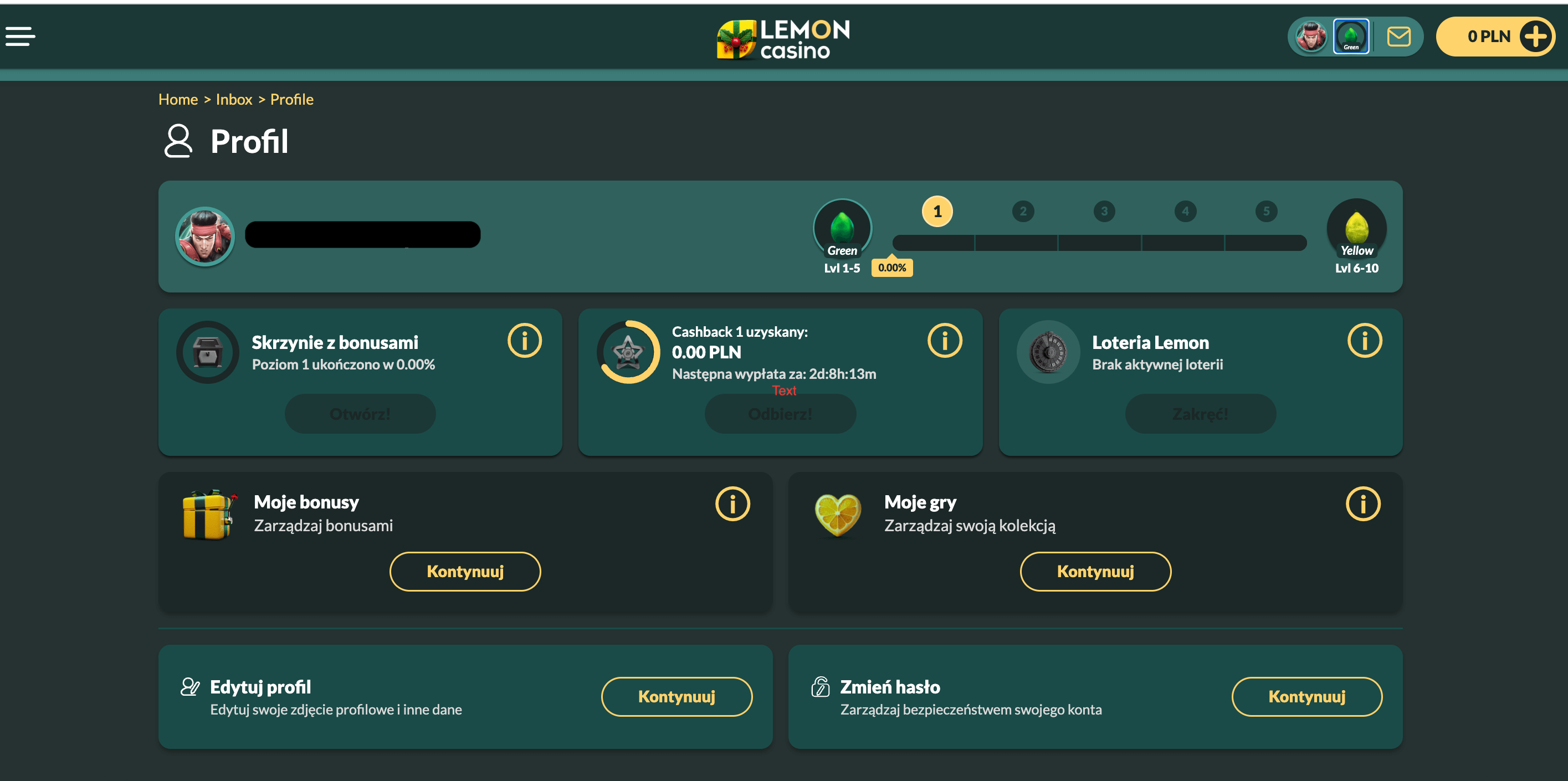 Profil gracza po zalogowaniu się w Lemon Casino