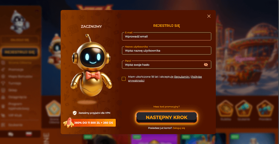 Rejestracja nowego konta w Vegazone